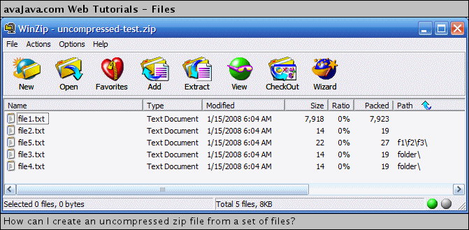 Contents of uncompressed-test.zip file viewed in WinZip