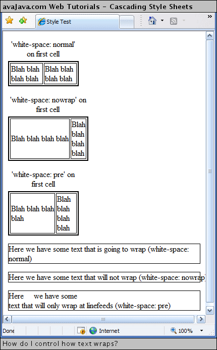 examples of controlling how text wraps using the white-space property