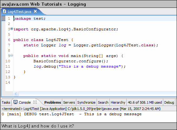 Execution of Log4JTest containing BasicConfigurator.configure()